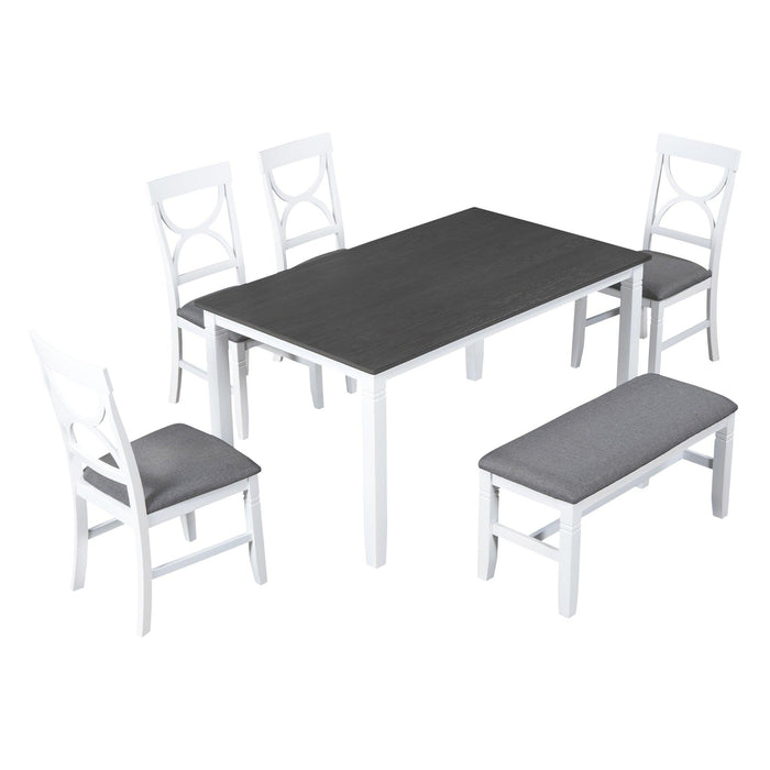 6-Piece Wood Dining Table Set Kitchen Table Set with Upholstered Bench and 4 Dining Chairs, Farmhouse Style,Gray+White - DTYStore