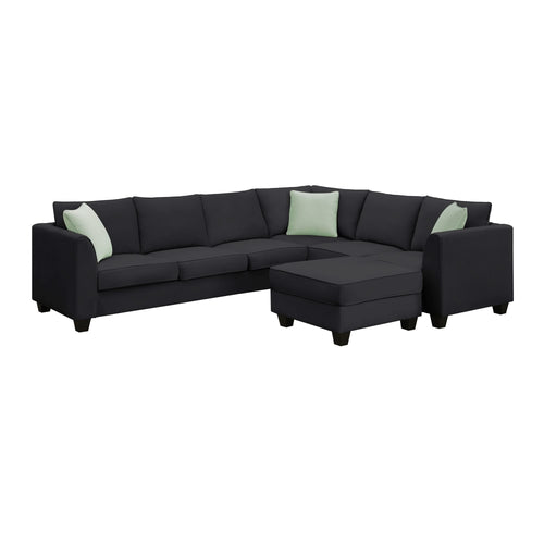 Modern Black L Shape Fabric Sectional Sofa with Ottoman and Pillows, 112*87 Inches, 7 Seats - Image 13
