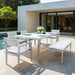6PC Patio Aluminum Furniture, Modern Dining Set, including 4 Dining Chairs & 1 Dining Bench Sunbrella Fabric Cushioned and Two-tone Table Top Rectangle Table with Umbrella Hole, Matte White+Grayish - DTYStore