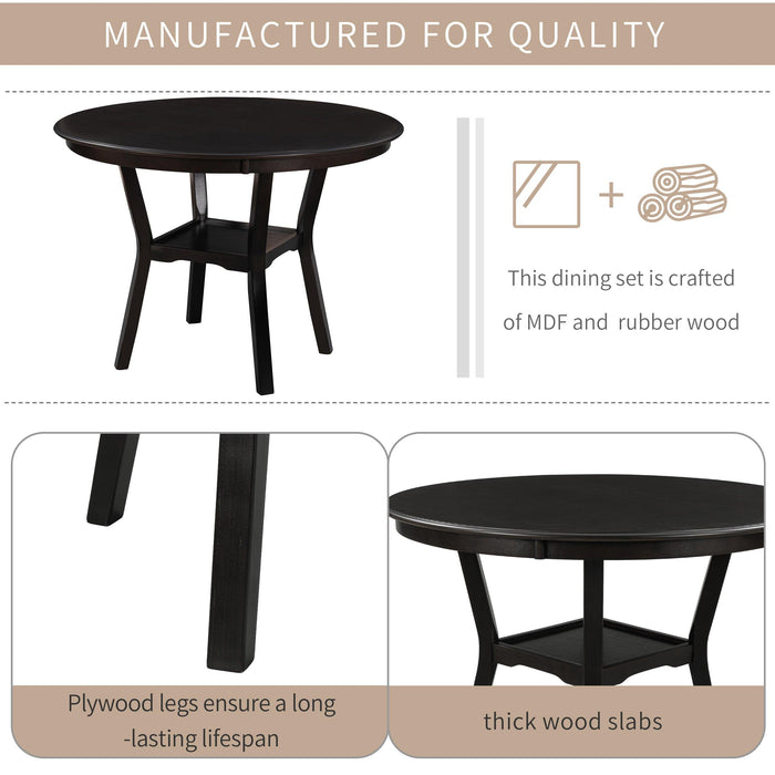 5-Piece Kitchen Dining Table Set Round Table with Bottom Shelf, 4 Upholstered Chairs for Dining Room(Espresso) - DTYStore