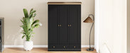Modern Wood 3 Doors Armoire Wardrobe Closet with 2 Drawers,70.1' Tall Wooden Wardrobe Cabinet with Hanging Rail and Shelve for Bedroom, Natural +Black - DTYStore