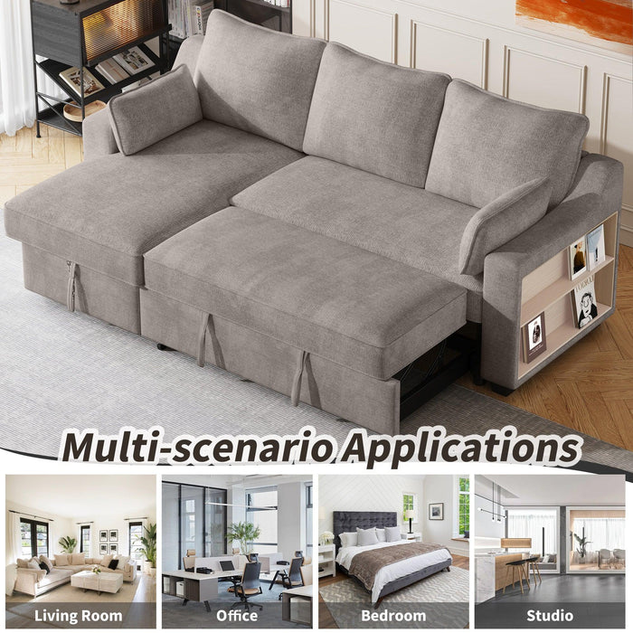 90" Pull Out Sleeper Sofa L-Shaped Couch Convertible Sofa Bed with Storage Chaise, Storage Racks and USB Ports, Light Brown - DTYStore