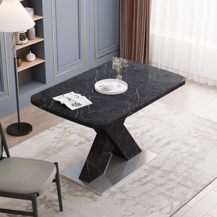 Modern Square Dining Table,Stretchable,Printed Black Marble Table Top+MDF X-Shape Table Leg with Metal Base - DTYStore