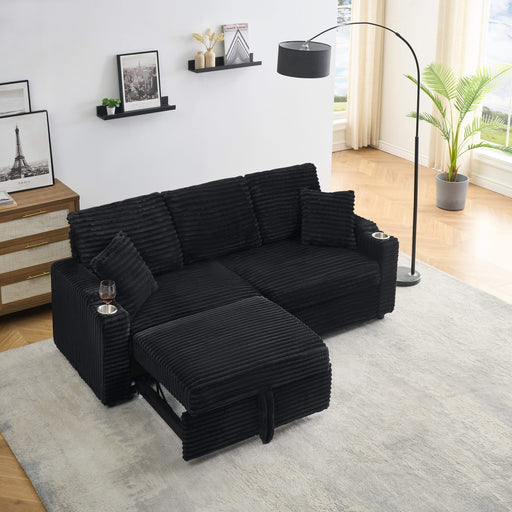 80-inch two-in-one folding sofa, foldable hidden lying function, corduroy fabric, equipped with cup holder and pillow, easily adapts to the living room space, black