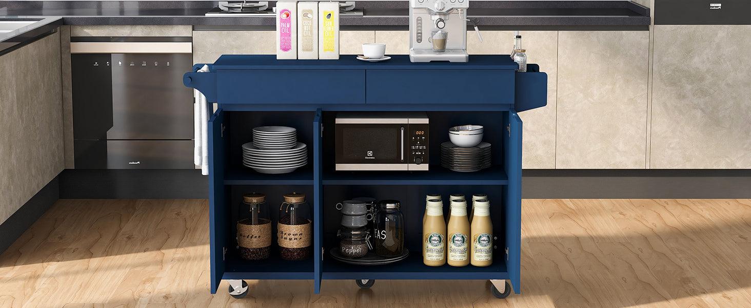 53.2'' Kitchen Island with Drop Leaf, Kitchen Storage Cart with Spice Rack, Towel Rack and 2 Drawers, Rolling Kitchen Island on Wheels with Adjustable Shelves for Kitchen, Dining Room, Navy Blue - DTYStore