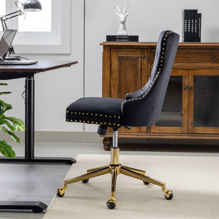 Furniture Office Chair,Velvet Upholstered Tufted Button Home Office Chair with Golden Metal Base,Adjustable Desk Chair Swivel Office Chair (Black) - DTYStore