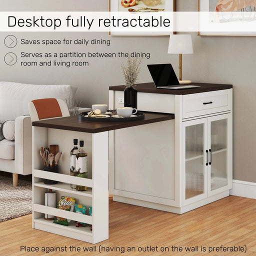 83.1'' Extendable Kitchen Island with Slide Out Table and Storage Racks for 2-6 Person,Kitchen Island with Tempered Glass Doors,Walnut Woodgrain Dining Table,Power Outlet,Bar,Prep Station(Cream White) Default -DTYStore