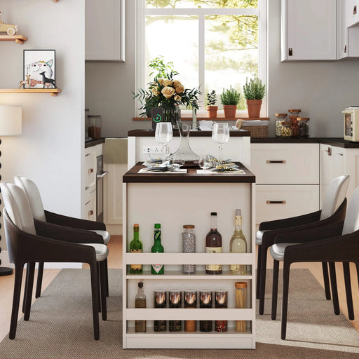 83.1'' Extendable Kitchen Island with Slide Out Table and Storage Racks for 2-6 Person,Kitchen Island with Tempered Glass Doors,Walnut Woodgrain Dining Table,Power Outlet,Bar,Prep Station(Cream White) Default -DTYStore