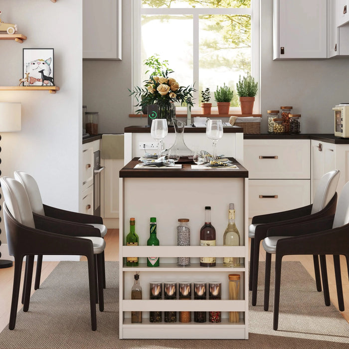 83.1'' Extendable Kitchen Island with Slide Out Table and Storage Racks for 2-6 Person,Kitchen Island with Tempered Glass Doors,Walnut Woodgrain Dining Table,Power Outlet,Bar,Prep Station(Cream White) Default -DTYStore