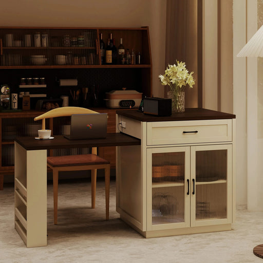 83.1'' Extendable Kitchen Island with Slide Out Table and Storage Racks for 2-6 Person,Kitchen Island with Tempered Glass Doors,Walnut Woodgrain Dining Table,Power Outlet,Bar,Prep Station(Cream White) Default -DTYStore