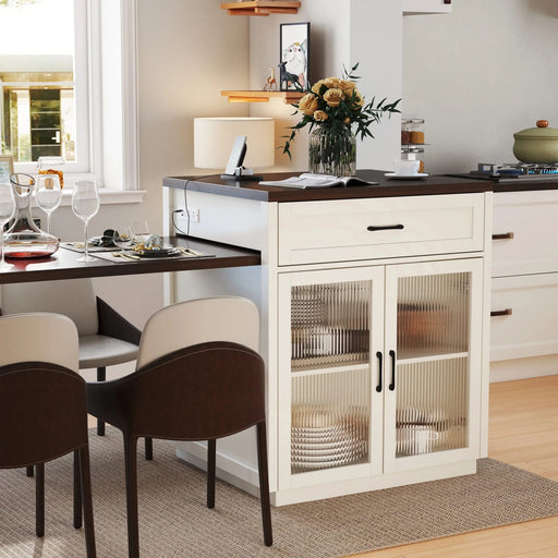 83.1'' Extendable Kitchen Island with Slide Out Table and Storage Racks for 2-6 Person,Kitchen Island with Tempered Glass Doors,Walnut Woodgrain Dining Table,Power Outlet,Bar,Prep Station(Cream White) Default -DTYStore