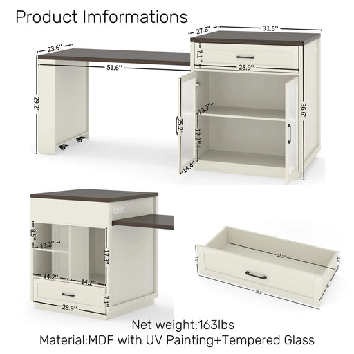 83.1'' Extendable Kitchen Island with Slide Out Table and Storage Racks for 2-6 Person,Kitchen Island with Tempered Glass Doors,Walnut Woodgrain Dining Table,Power Outlet,Bar,Prep Station(Cream White) Default -DTYStore