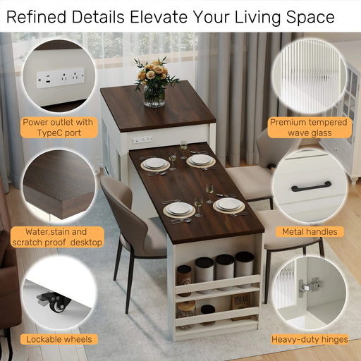 83.1'' Extendable Kitchen Island with Slide Out Table and Storage Racks for 2-6 Person,Kitchen Island with Tempered Glass Doors,Walnut Woodgrain Dining Table,Power Outlet,Bar,Prep Station(Cream White) Default -DTYStore