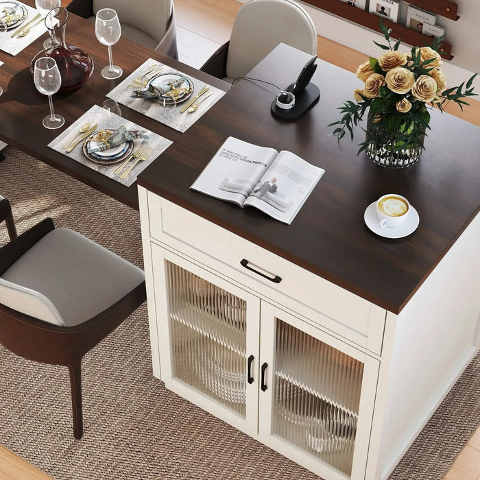 83.1'' Extendable Kitchen Island with Slide Out Table and Storage Racks for 2-6 Person,Kitchen Island with Tempered Glass Doors,Walnut Woodgrain Dining Table,Power Outlet,Bar,Prep Station(Cream White) Default -DTYStore