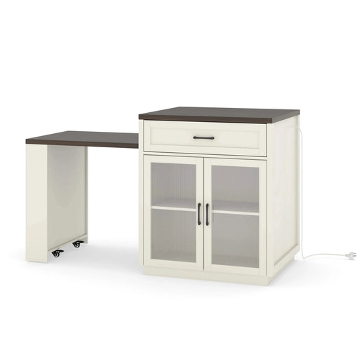 83.1'' Extendable Kitchen Island with Slide Out Table and Storage Racks for 2-6 Person,Kitchen Island with Tempered Glass Doors,Walnut Woodgrain Dining Table,Power Outlet,Bar,Prep Station(Cream White) Default -DTYStore