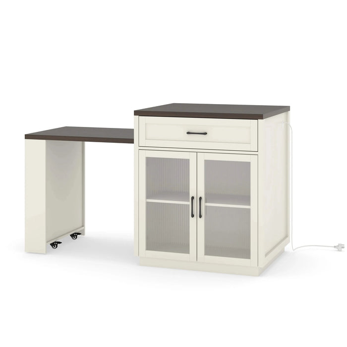 83.1'' Extendable Kitchen Island with Slide Out Table and Storage Racks for 2-6 Person,Kitchen Island with Tempered Glass Doors,Walnut Woodgrain Dining Table,Power Outlet,Bar,Prep Station(Cream White) Default -DTYStore