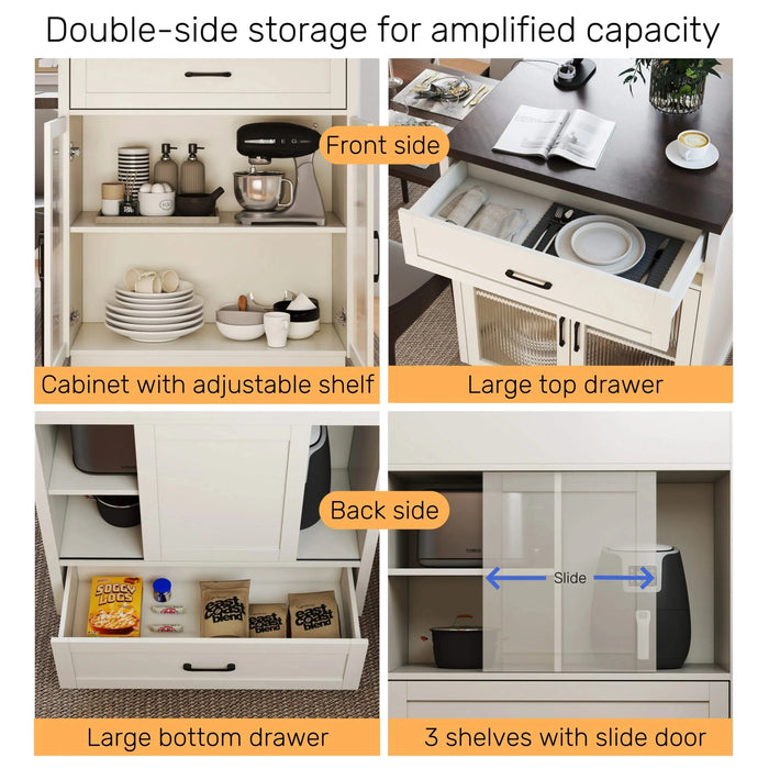 83.1'' Extendable Kitchen Island with Slide Out Table and Storage Racks for 2-6 Person,Kitchen Island with Tempered Glass Doors,Walnut Woodgrain Dining Table,Power Outlet,Bar,Prep Station(Cream White) Default -DTYStore