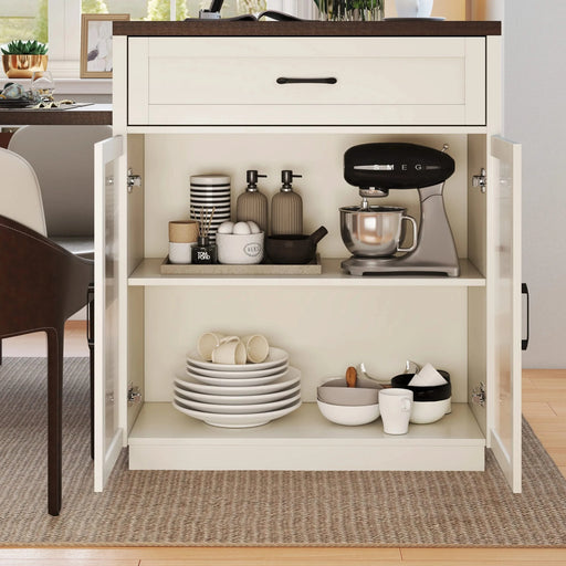 83.1'' Extendable Kitchen Island with Slide Out Table and Storage Racks for 2-6 Person,Kitchen Island with Tempered Glass Doors,Walnut Woodgrain Dining Table,Power Outlet,Bar,Prep Station(Cream White) Default -DTYStore