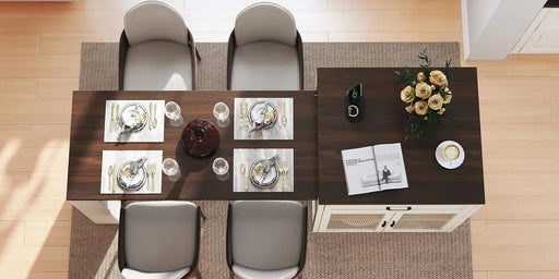 83.1'' Extendable Kitchen Island with Slide Out Table and Storage Racks for 2-6 Person,Kitchen Island with Tempered Glass Doors,Walnut Woodgrain Dining Table,Power Outlet,Bar,Prep Station(Cream White) Default -DTYStore