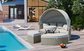 Patio Furniture Round Outdoor Sectional Sofa Set Rattan Daybed Two-Tone Weave Sunbed with Retractable Canopy, Separate Seating and Removable Cushion, Gray - DTYStore