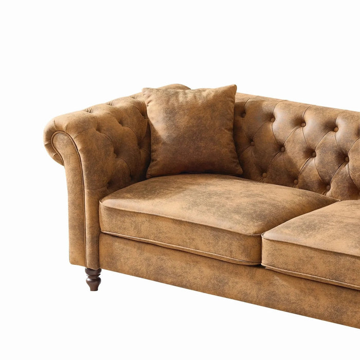 83' Chesterfield Faux Leather Sofa, High-tech Fabric Roll Armrest Sofa, Upholstered Mid Century Modern Couch, 3-Seater Couch - Brown Default -DTYStore