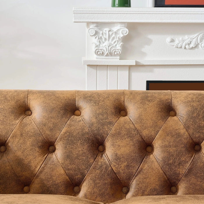 83' Chesterfield Faux Leather Sofa, High-tech Fabric Roll Armrest Sofa, Upholstered Mid Century Modern Couch, 3-Seater Couch - Brown Default -DTYStore