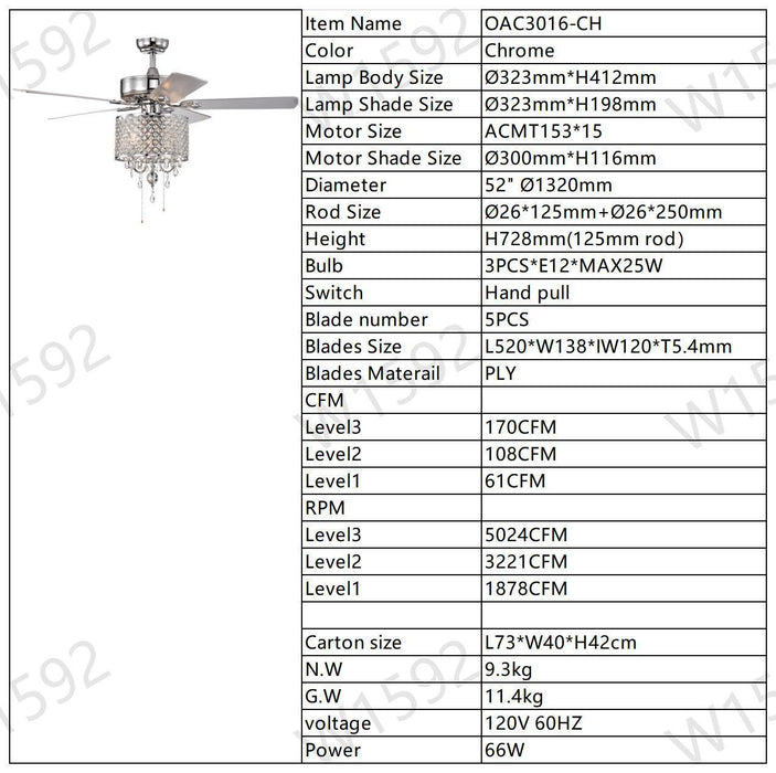 52'' Classical Crystal Ceiling Fan Lamp 3 Speed Hand Pull Chain (High, Mid, Low), 5 Reversible Blades for Living Room, Dining Room, Bedroom, Family Room, Chrome ,3PCS*E12 (NO Include Bulb ) - DTYStore