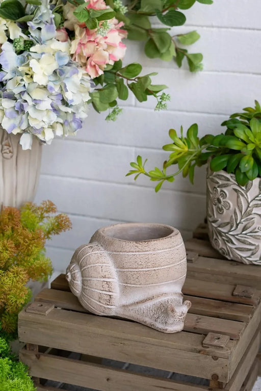 8.3x7x4.7' Decorative Sand and Cement Snail Planter with Textured Beige Finish Default -DTYStore