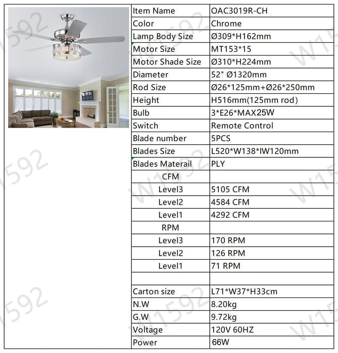 52" 3-Light Chrome Ceiling Fan + Remote, Traditional Farmhouse Rustic Industrial Bohemian Country Cottage Transitional Glam for Home, Kitchen, Living Room - DTYStore