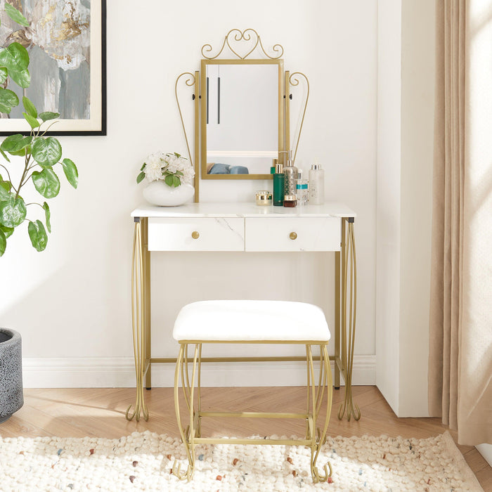 Vanity Mirror Table Set, Makeup Desk Vanity with Stool, Vintage Bedroom Vanity Lots Storage Dressing Table White for Women and Girls - DTYStore