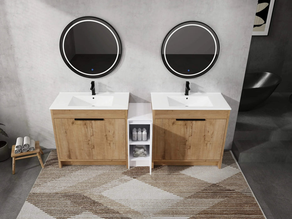 84 Inch Freestanding Bathroom Vanity with Ceramic Sink and Storage Cabinets, Soft Closing Door, 02436IMO*2+0312 Combination Cabinet, KD-Package Default -DTYStore