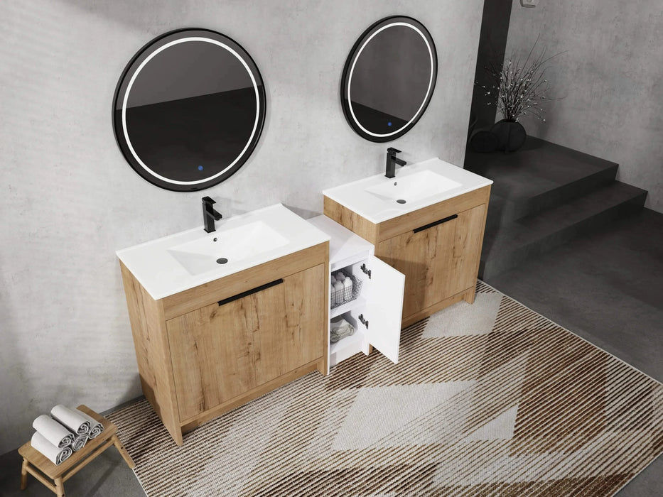 84 Inch Freestanding Bathroom Vanity with Ceramic Sink and Storage Cabinets, Soft Closing Door, 02436IMO*2+0312 Combination Cabinet, KD-Package Default -DTYStore