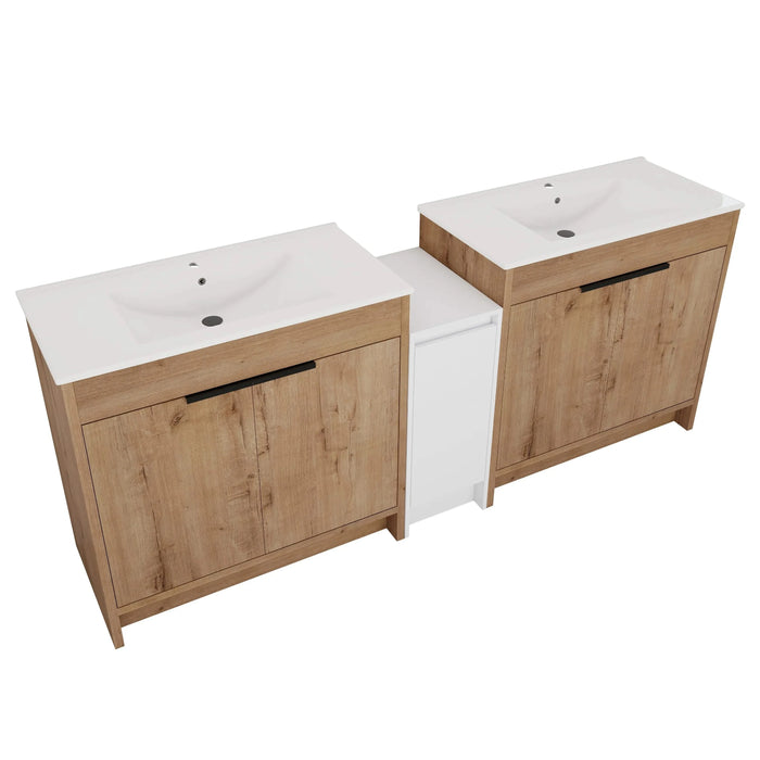 84 Inch Freestanding Bathroom Vanity with Ceramic Sink and Storage Cabinets, Soft Closing Door, 02436IMO*2+0312 Combination Cabinet, KD-Package Default -DTYStore
