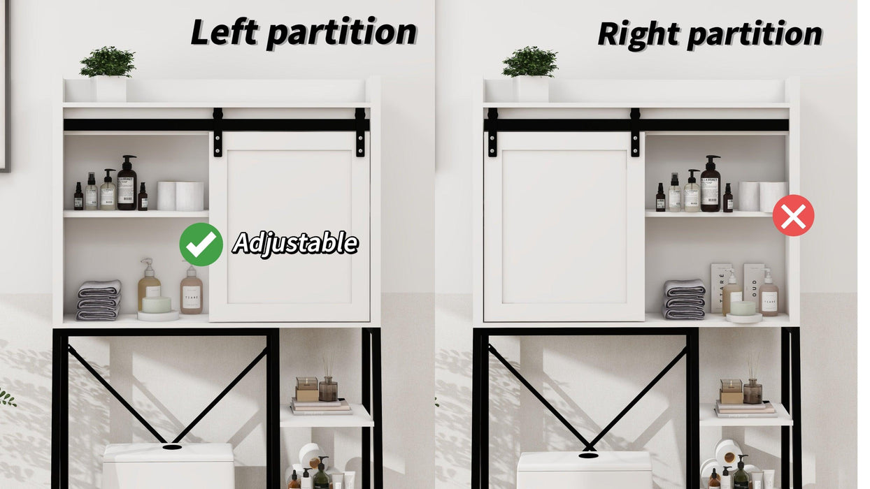Over The Toilet Storage Cabinet, Bathroom Shelves Over Toilet with Sliding Barn Door,Adjustable Shelves and Side Storage Rack-White - DTYStore