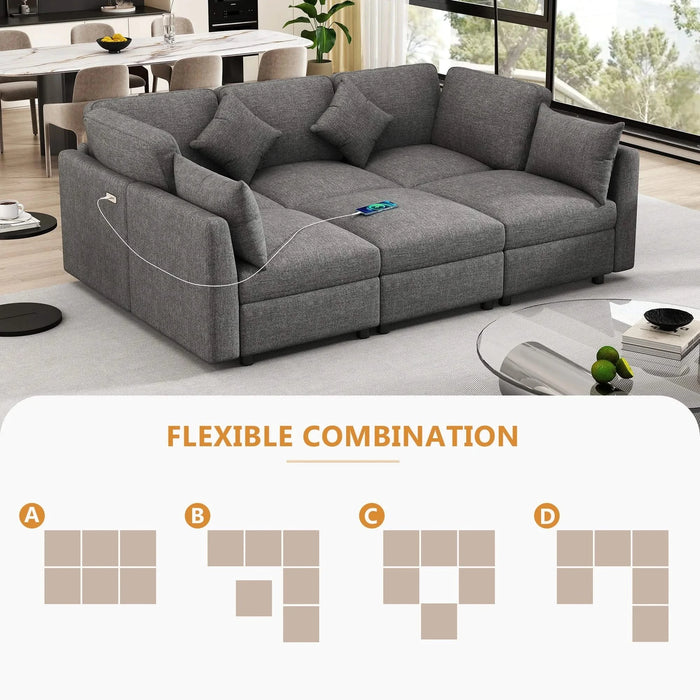 85.4' Sectional Sofa Modular Sofa U-shaped Sofa Couch Sofa Bed L-shaped Sofa with a Movable Ottoman and Two USB Ports for Living Room, Grey Default -DTYStore