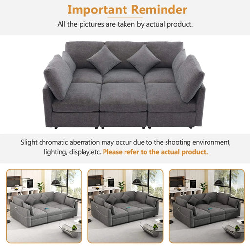 85.4' Sectional Sofa Modular Sofa U-shaped Sofa Couch Sofa Bed L-shaped Sofa with a Movable Ottoman and Two USB Ports for Living Room, Grey Default -DTYStore