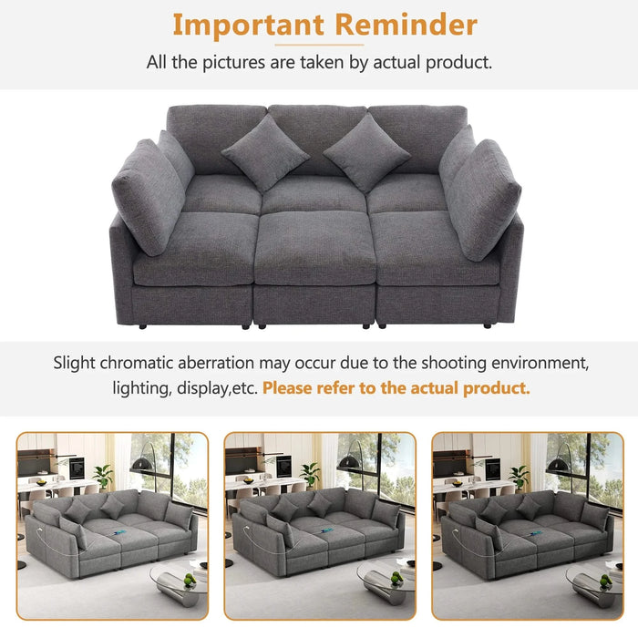 85.4' Sectional Sofa Modular Sofa U-shaped Sofa Couch Sofa Bed L-shaped Sofa with a Movable Ottoman and Two USB Ports for Living Room, Grey Default -DTYStore