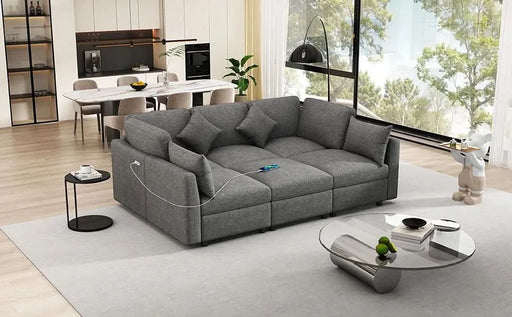 85.4' Sectional Sofa Modular Sofa U-shaped Sofa Couch Sofa Bed L-shaped Sofa with a Movable Ottoman and Two USB Ports for Living Room, Grey Default -DTYStore
