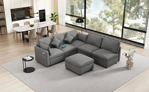 85.4' Sectional Sofa Modular Sofa U-shaped Sofa Couch Sofa Bed L-shaped Sofa with a Movable Ottoman and Two USB Ports for Living Room, Grey Default -DTYStore
