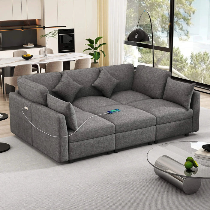85.4' Sectional Sofa Modular Sofa U-shaped Sofa Couch Sofa Bed L-shaped Sofa with a Movable Ottoman and Two USB Ports for Living Room, Grey Default -DTYStore