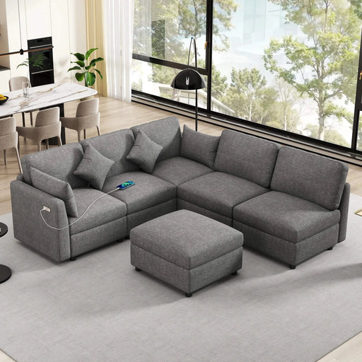 85.4' Sectional Sofa Modular Sofa U-shaped Sofa Couch Sofa Bed L-shaped Sofa with a Movable Ottoman and Two USB Ports for Living Room, Grey Default -DTYStore