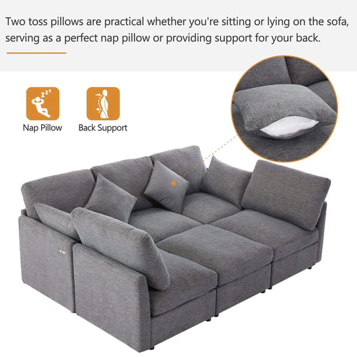 85.4' Sectional Sofa Modular Sofa U-shaped Sofa Couch Sofa Bed L-shaped Sofa with a Movable Ottoman and Two USB Ports for Living Room, Grey Default -DTYStore