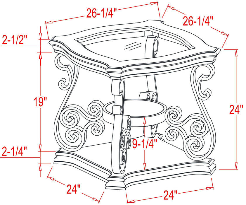 End table, Glass table top, MDF W/marble paper middle shelf, powder coat finish metal legs. (26.3"Lx26.3"Wx24"H) - DTYStore