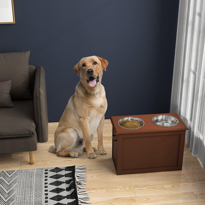 Raised Pet Feeding Storage Station with 2 Stainless Steel Bowls Base for Large Dogs and Other Large Pets, Brown - DTYStore
