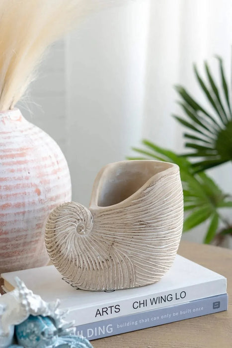 8.5x5.5x6.3' Sand and Cement Nautilus Shell Planter with Textured Beige Finish Default -DTYStore