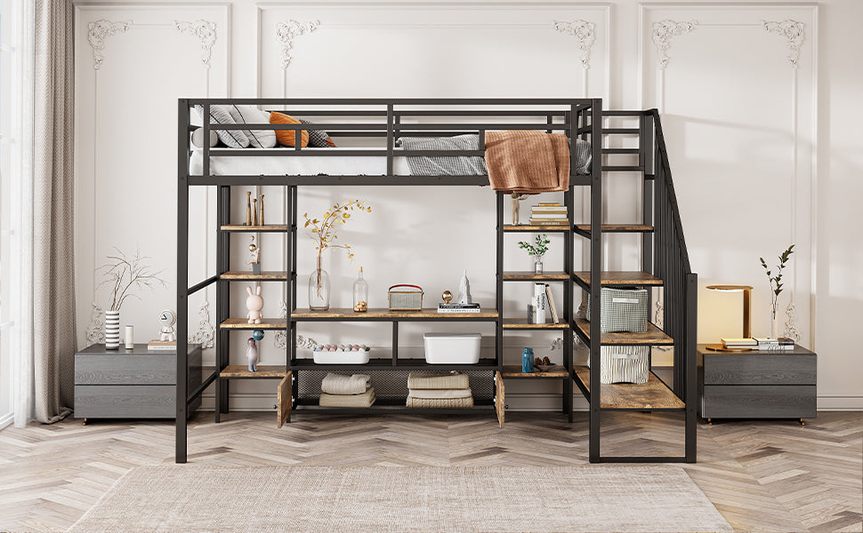 Full Size Metal Loft Bed with Staircase,Low Storage Table and Storage Shelves,Black