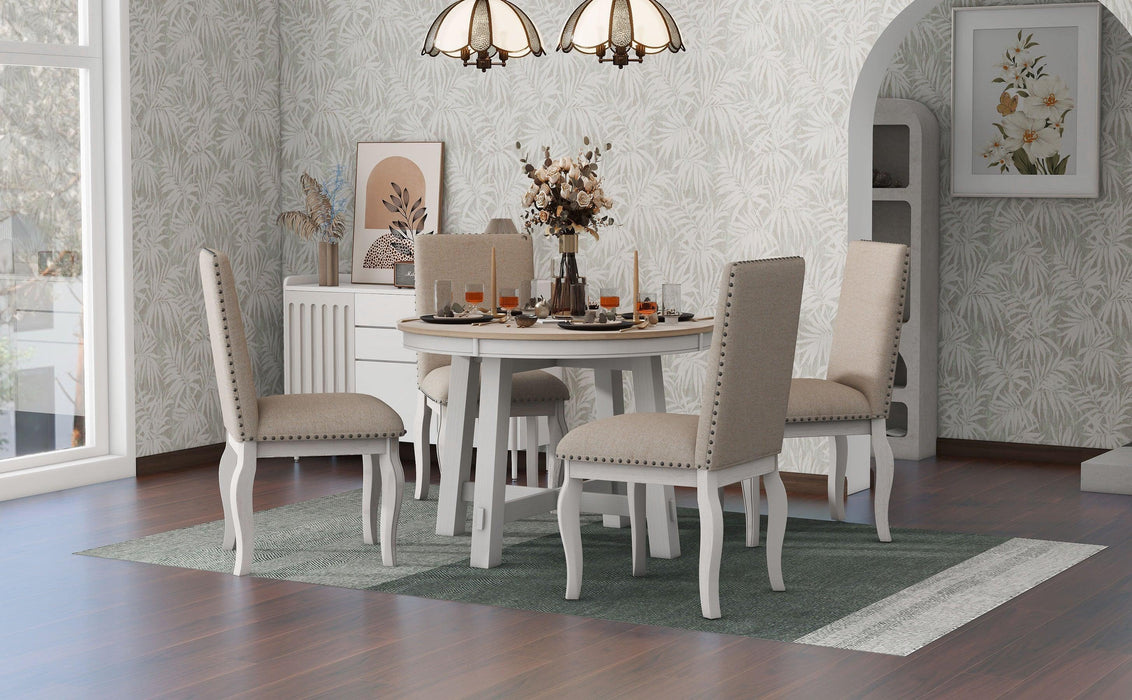 5-Piece Farmhouse Dining Table Set Wood Round Extendable Table and 4 Upholstered Chairs