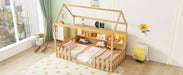 Twin Size House Bed with LED Light, Wood House Bed with Storage Bookshelf, Floor House Bed with Guardrails for Kids, Natural (Expect Arrival Date 2025/3/14) - DTYStore