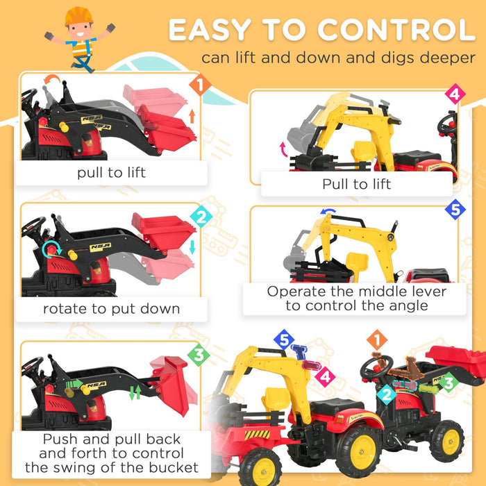 3 in 1 Kids Ride On Excavator/Bulldozer, Pedal Car Digger Toy Move Forward/Back with 6 Wheels and Detachable Cargo Trailer