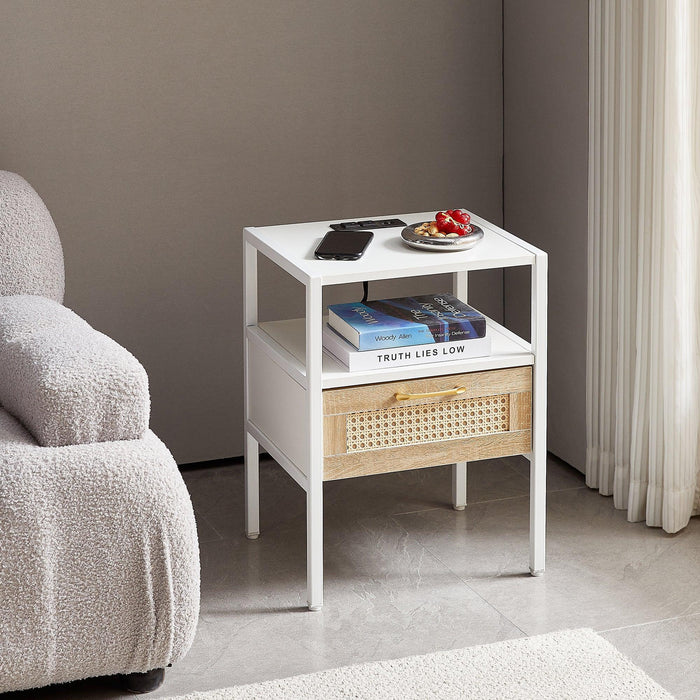 15.75" Rattan End Table with Power Outlet & USB Ports, Modern Nightstand with Drawer and Metal Legs - DTYStore